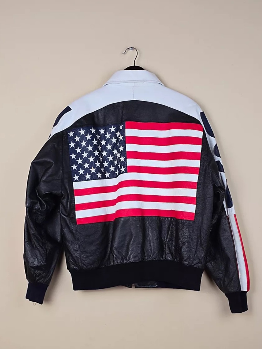 Michael Hoban Black Leather Bomber with American Flag Back